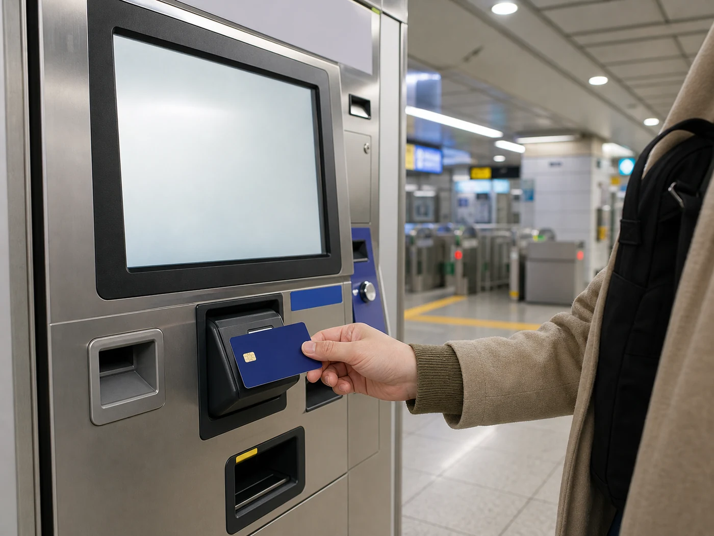Traveler holding a generic transit card at a recharge kiosk in a Korean subway station.